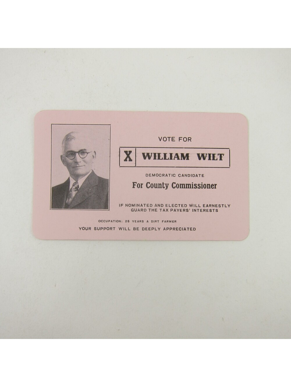 Political Campaign Election Card Darke County Ohio Commissioner William Wilt Vtg